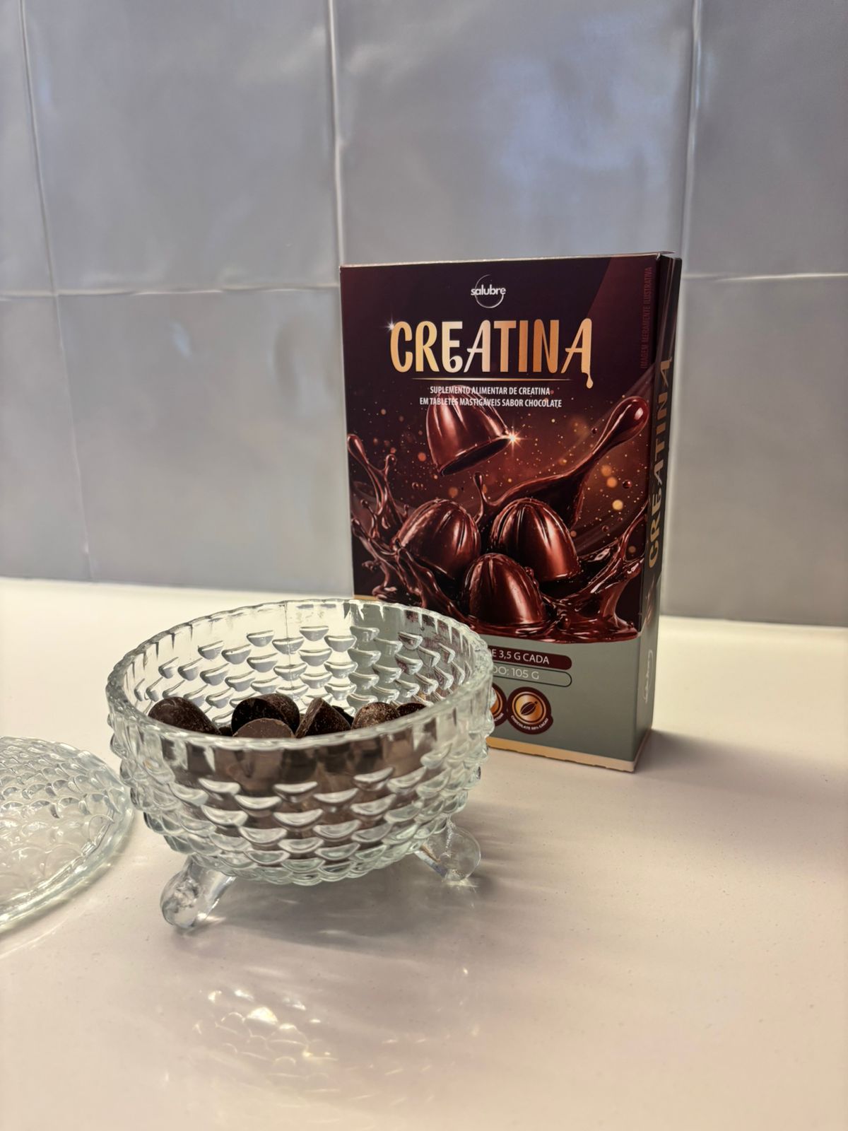 Tabletes de Creatina Salubre Chocolate em pote de vidro