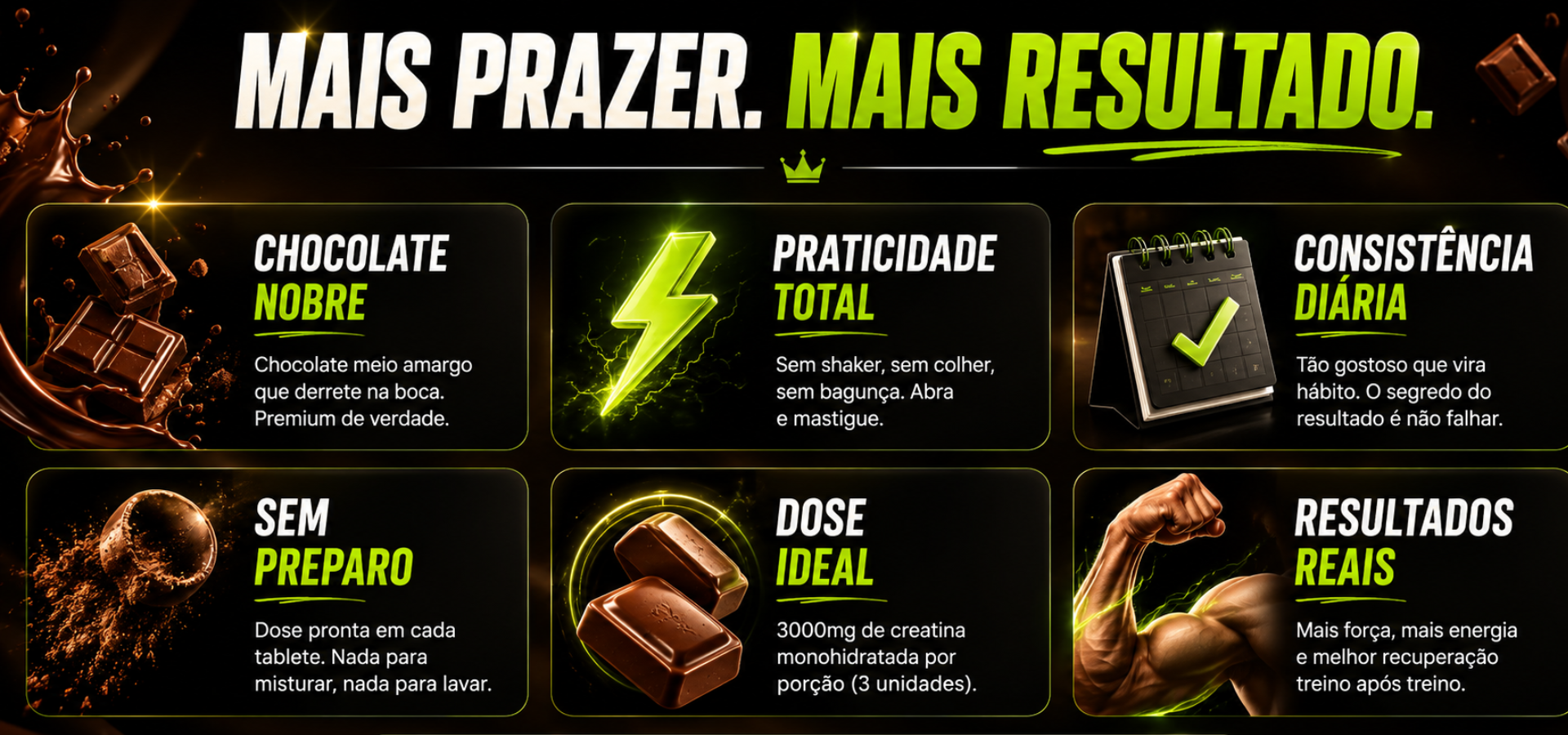 Mais prazer. Mais resultado. Benefícios da Creatina Salubre Chocolate.
