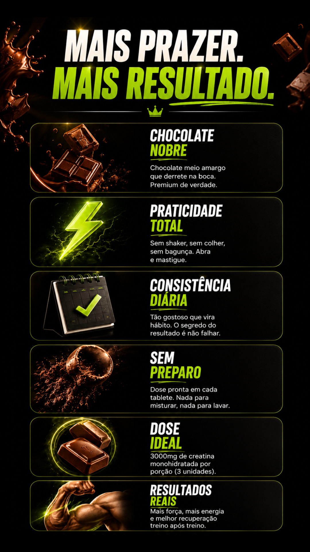 Mais prazer. Mais resultado. Benefícios da Creatina Salubre Chocolate.